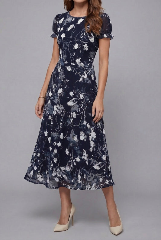Navy floral midi dress with crew neck and short sleeves, A-line skirt