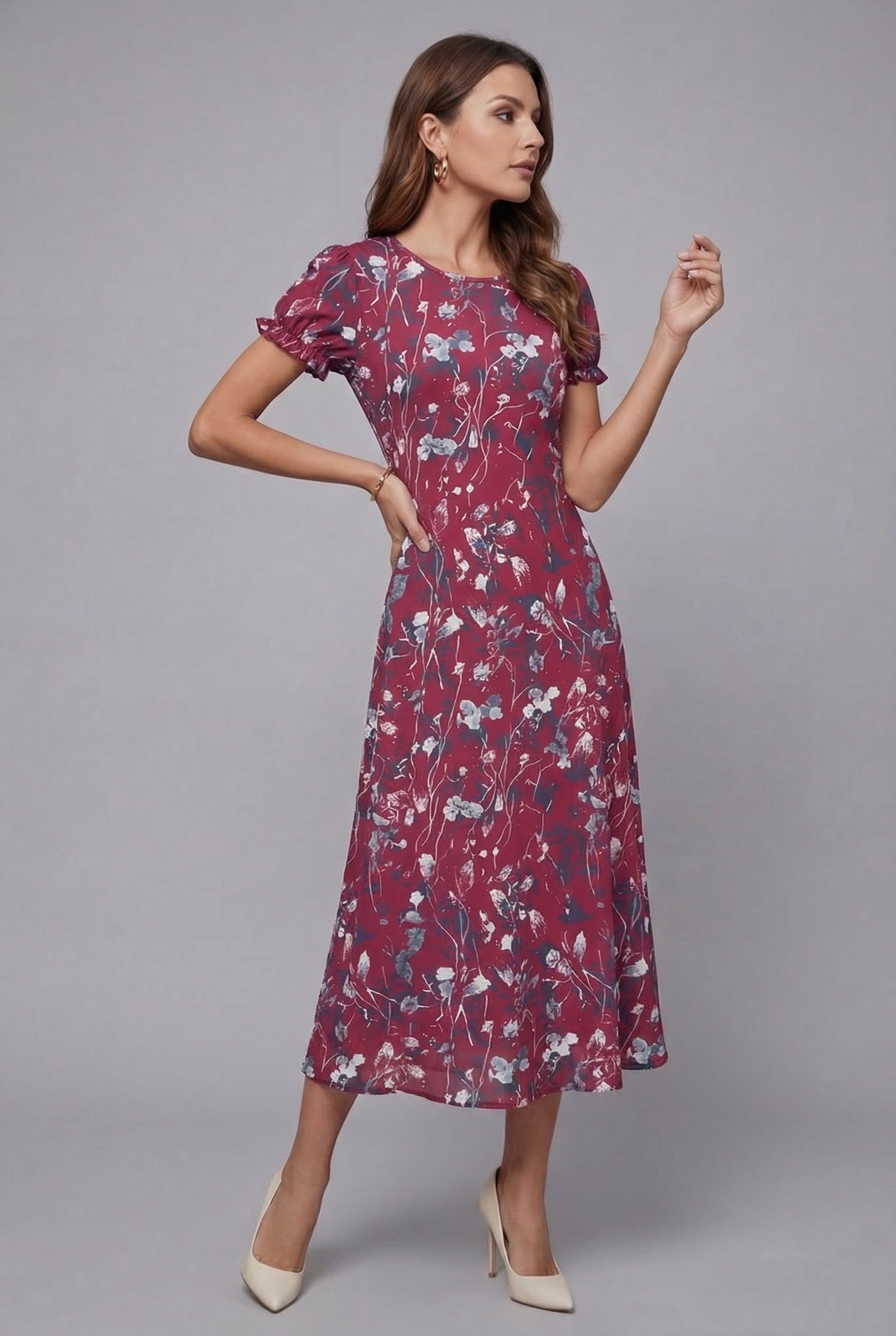 Rouge floral midi dress with crew neck and short sleeves, fitted waist and flared skirt
