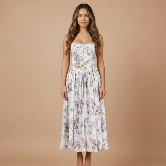 Blue-and-purple floral midi dress with spaghetti straps and gathered skirt