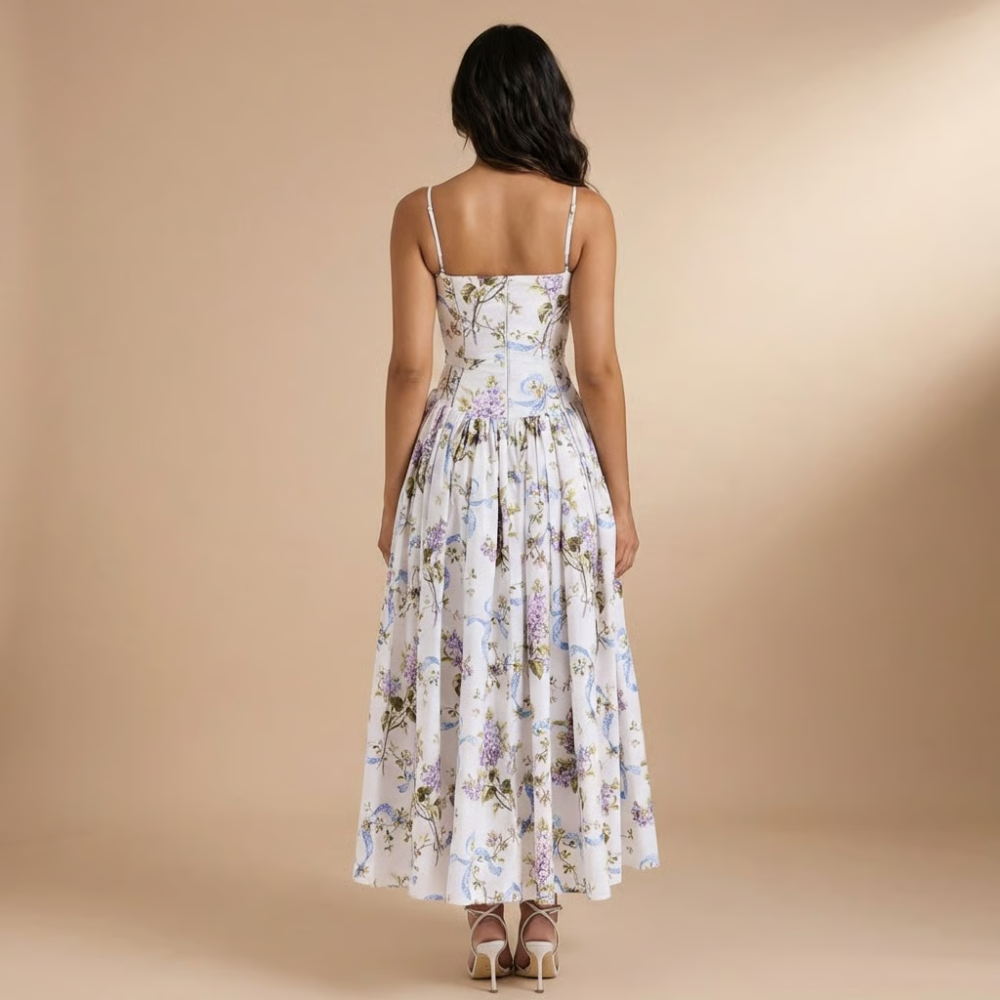 Back view of blue-and-purple floral midi dress with spaghetti straps and gathered skirt