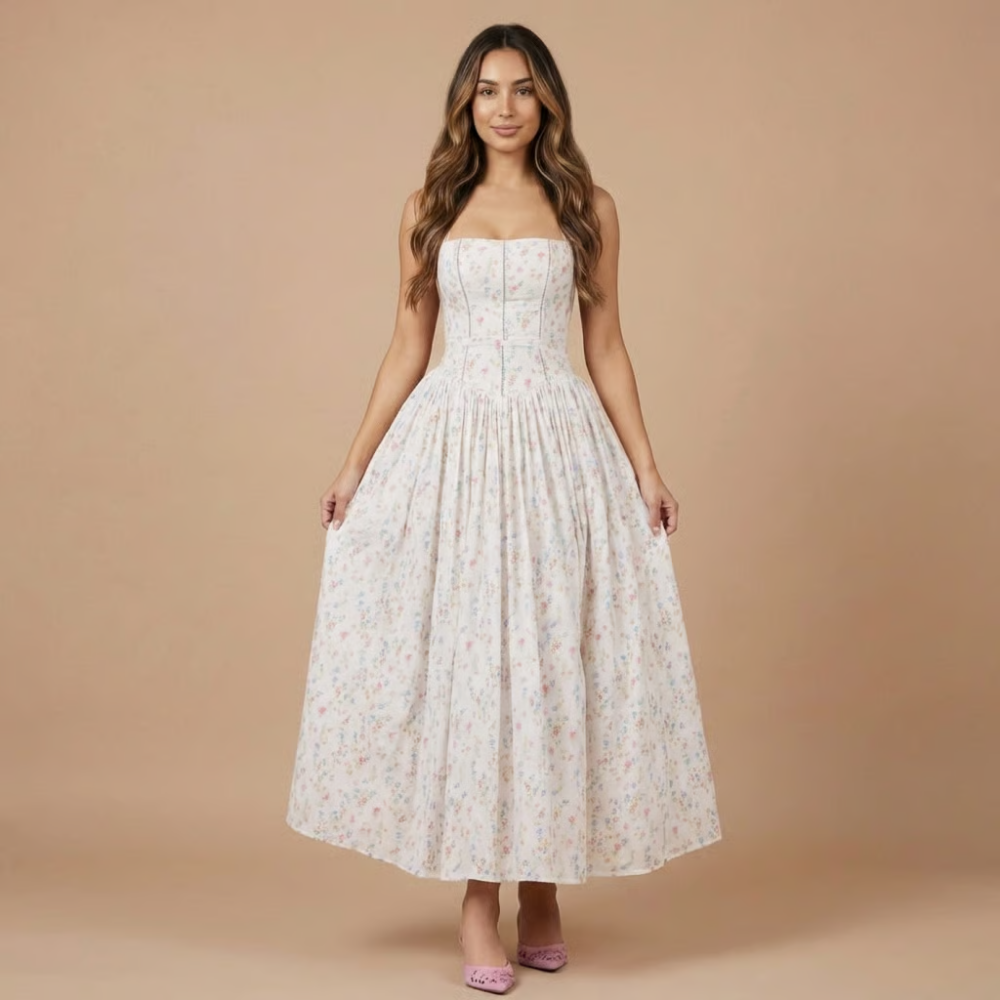 White midi dress with small pink floral print, corset-style bodice, and gathered skirt