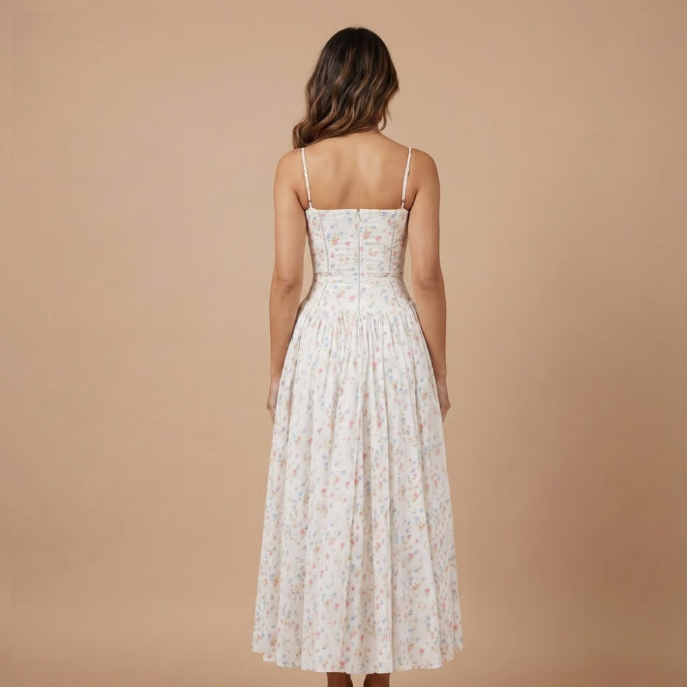 Back view of white midi dress with small pink floral print and spaghetti straps