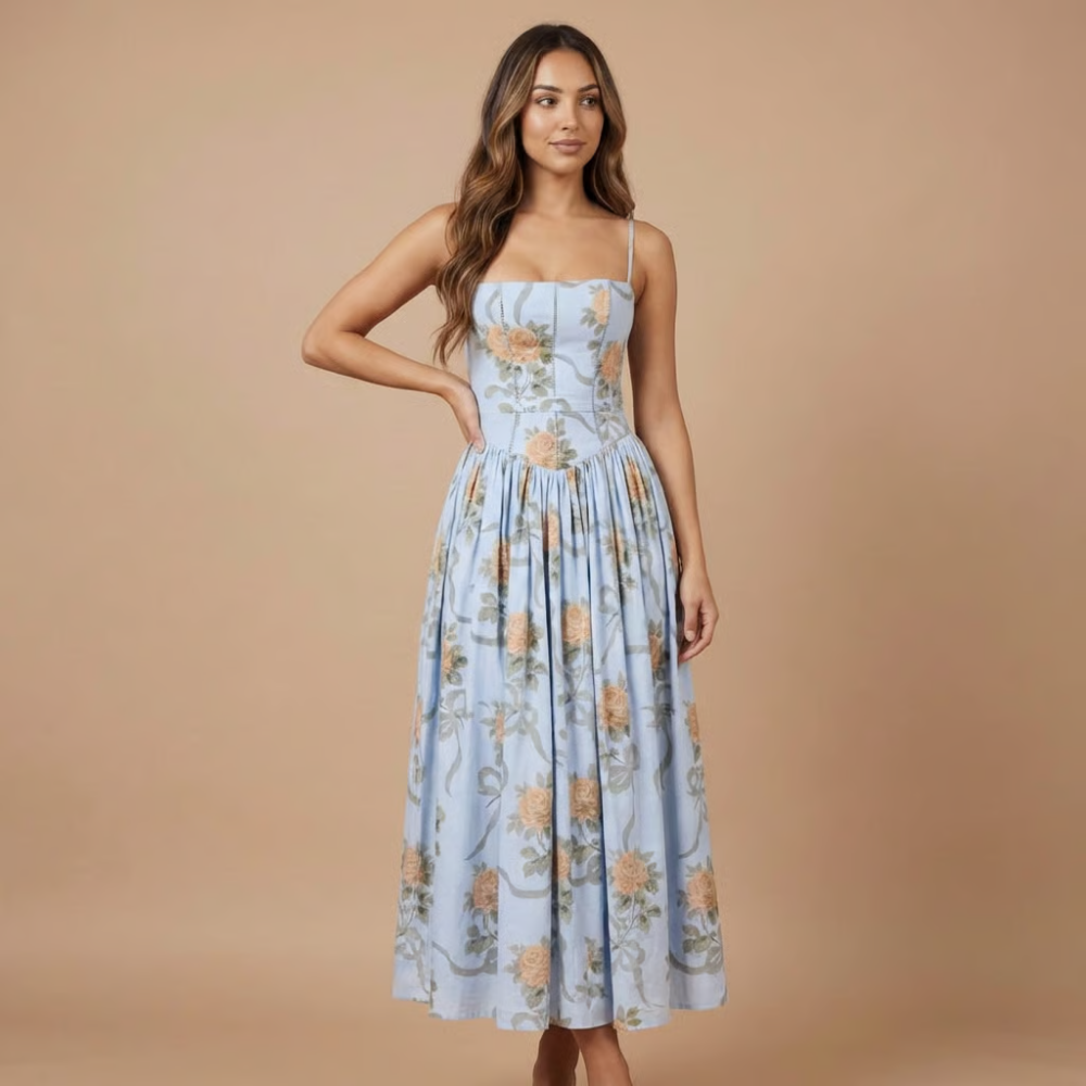 Light blue midi dress with large floral print, spaghetti straps, and gathered waist skirt