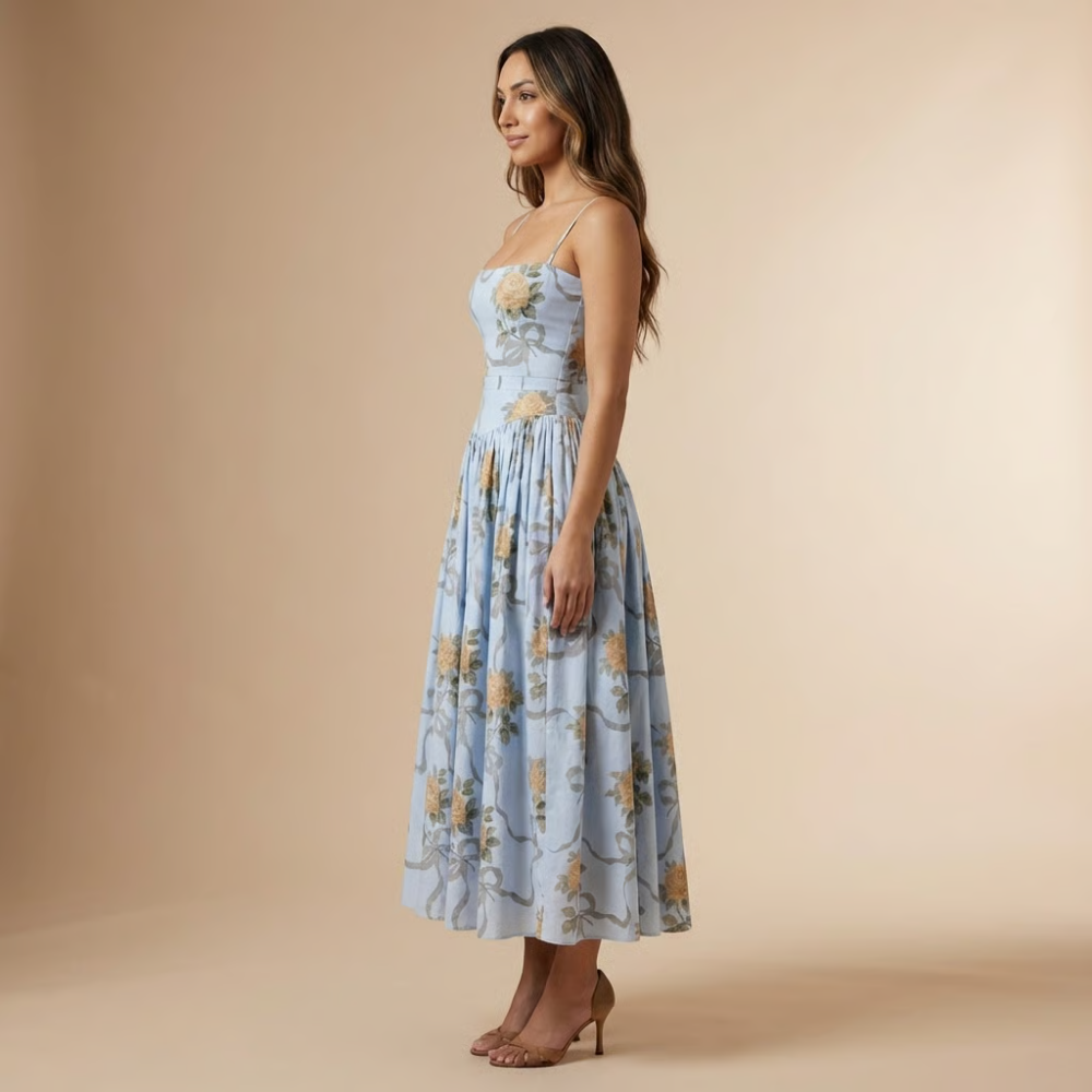 Side view of light blue midi dress with large floral print and spaghetti straps