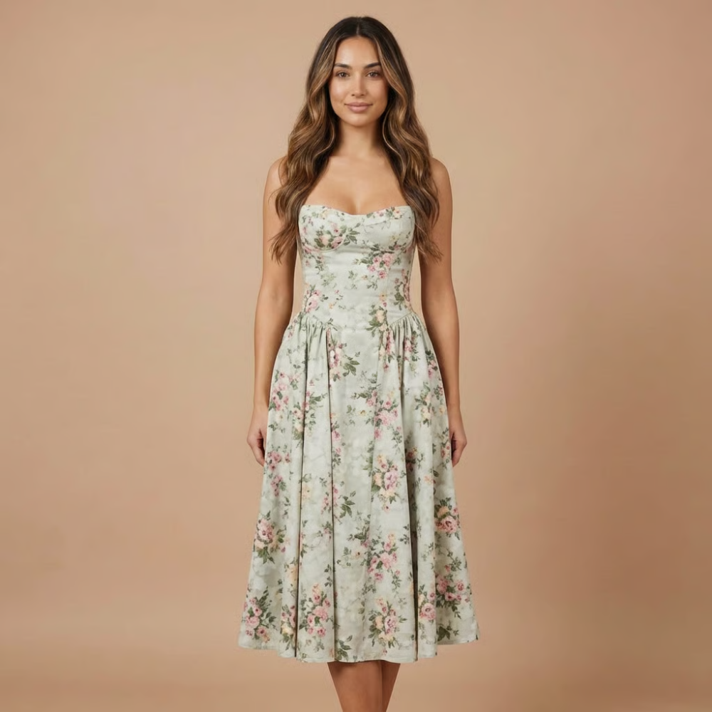 Sage green midi dress with pink floral print, strap bodice, and gathered skirt