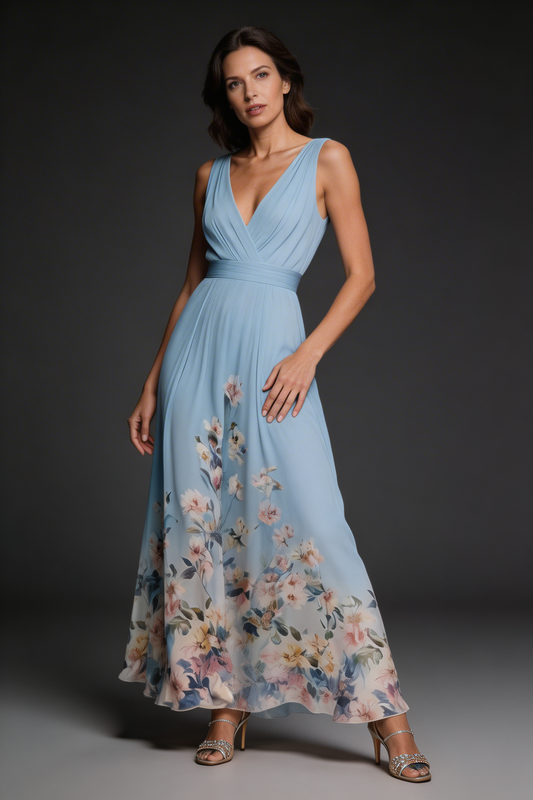Light blue floral V-neck maxi dress, sleeveless with fitted waist and full skirt