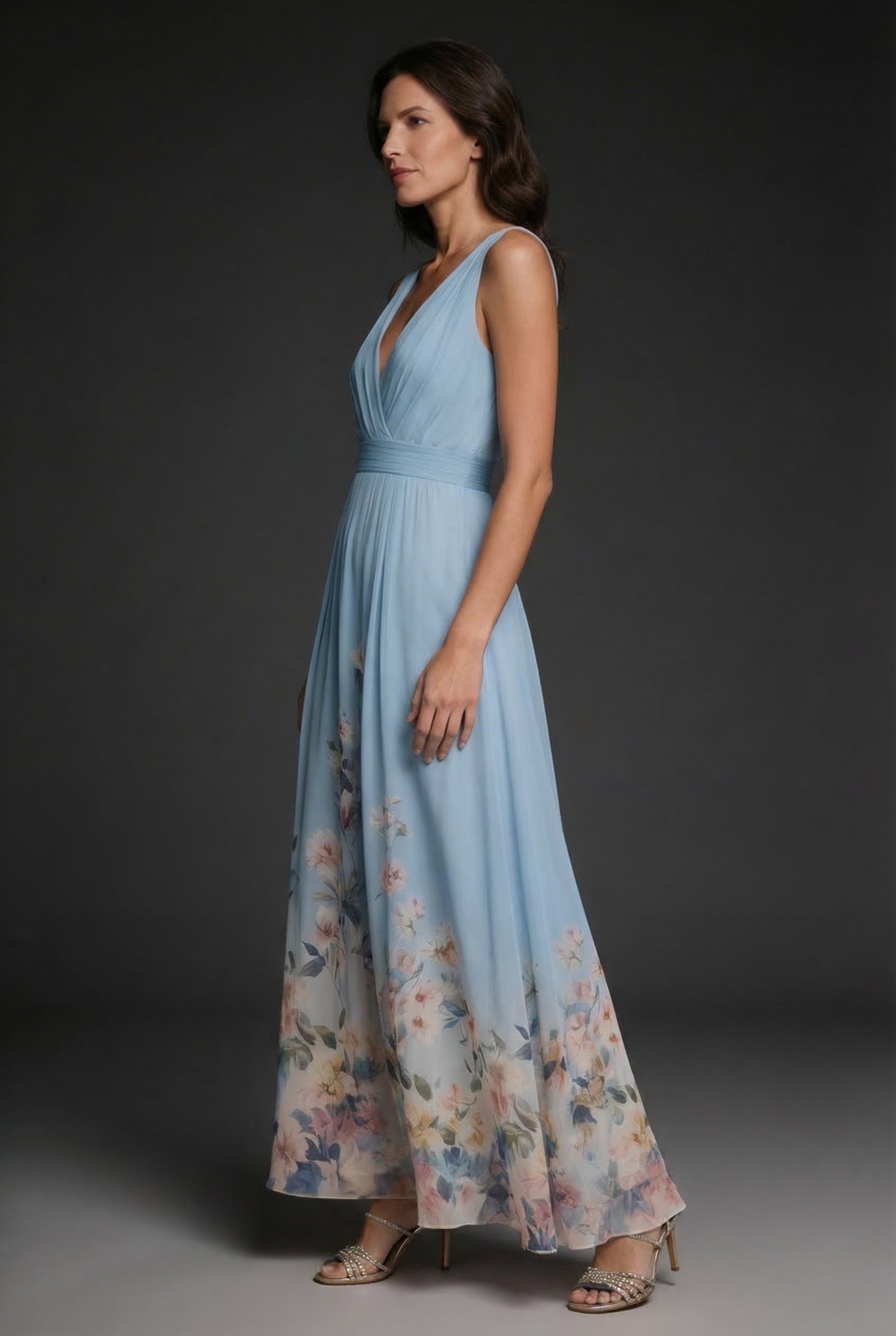 Light blue floral V-neck maxi dress with gathered waist and flowing full skirt, side view