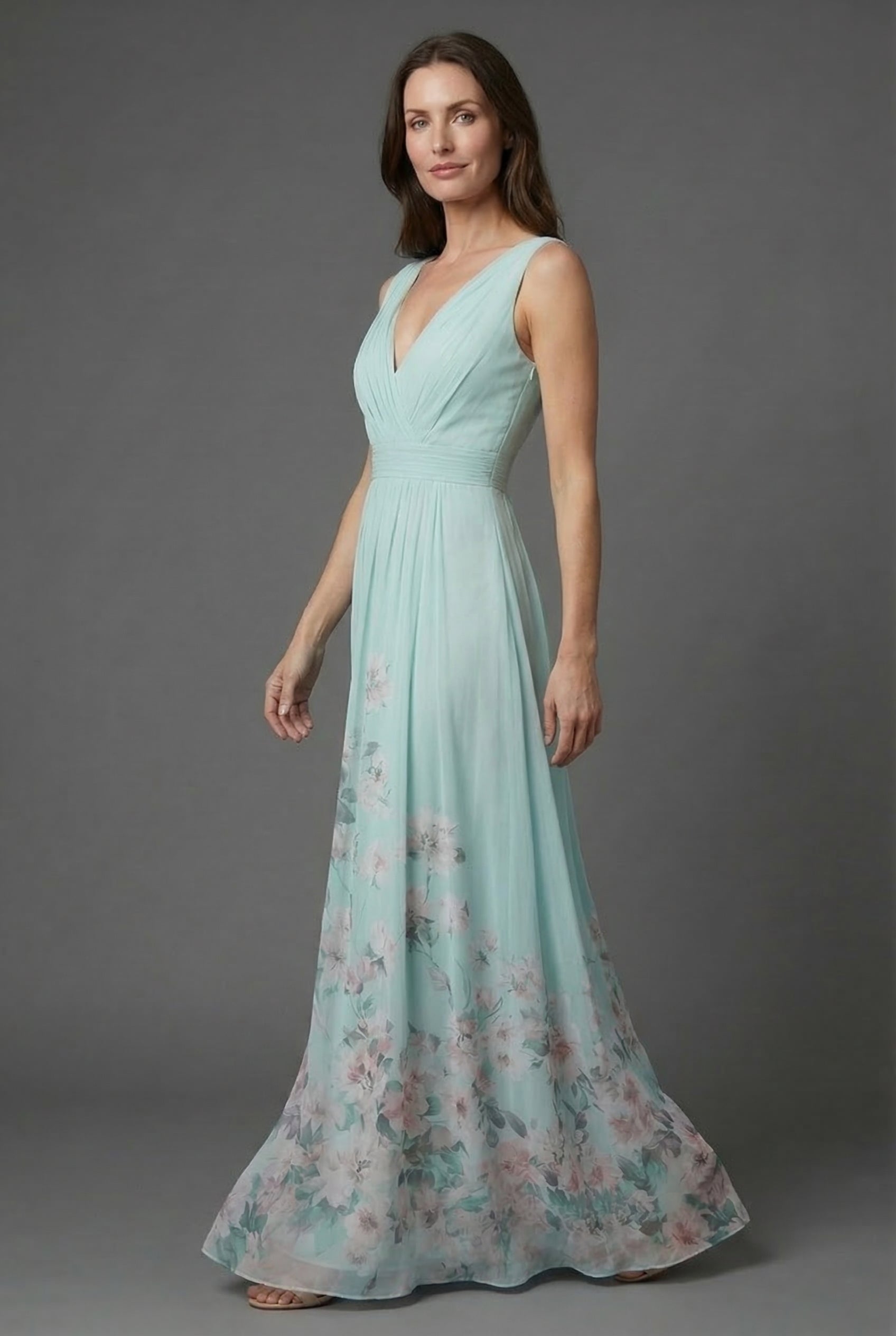 Light green floral V-neck maxi dress in full length, sleeveless with gathered waist