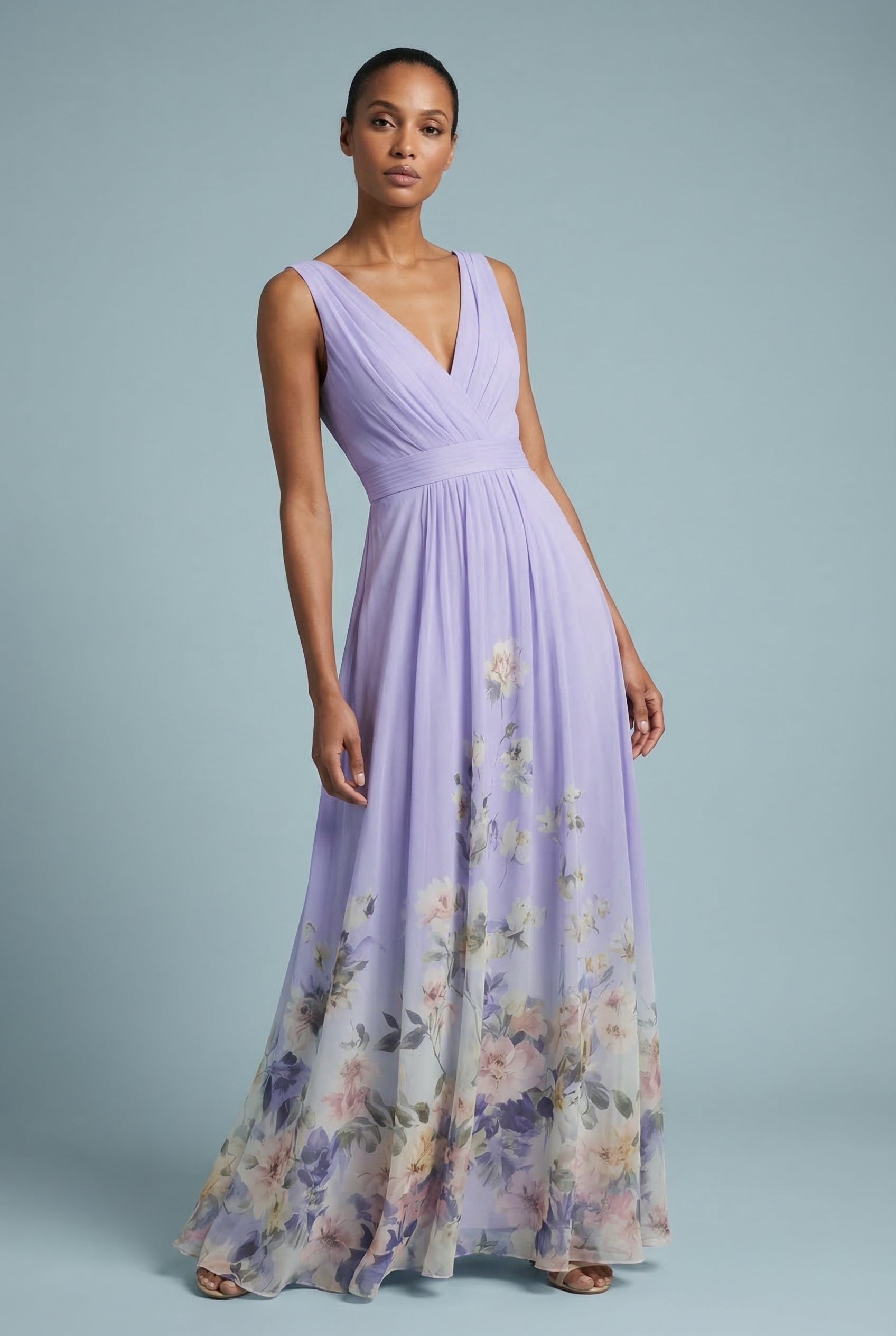 Purple floral V-neck maxi dress, sleeveless with fitted waist and long flowing skirt