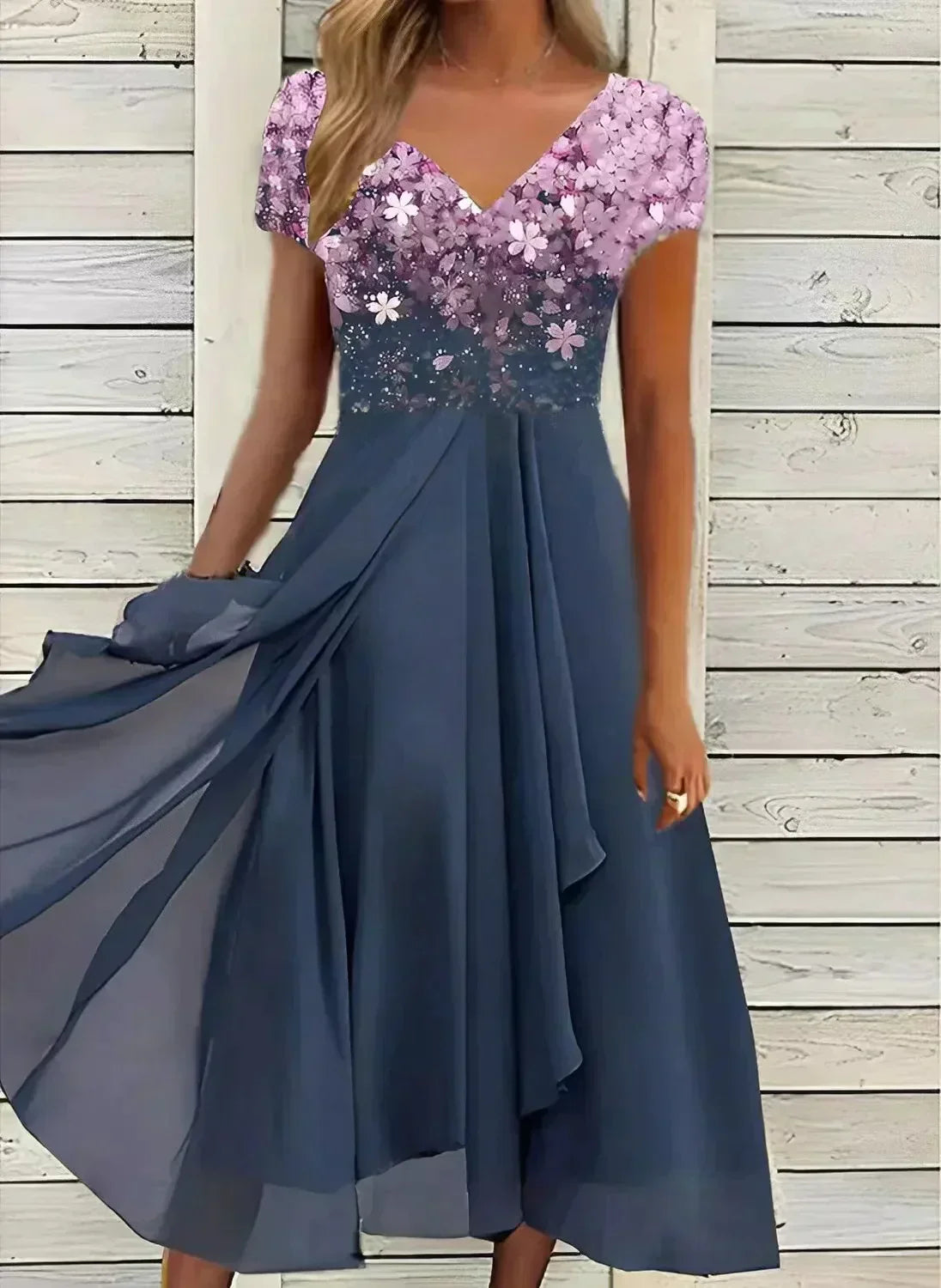 V-neck midi dress with purple floral bodice and blue tiered skirt