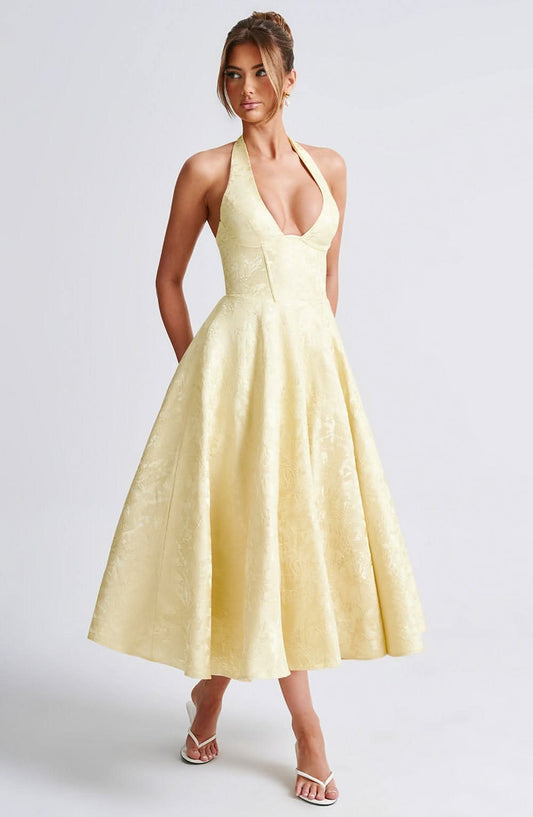 Ivory halter midi dress with floral jacquard texture and flared skirt
