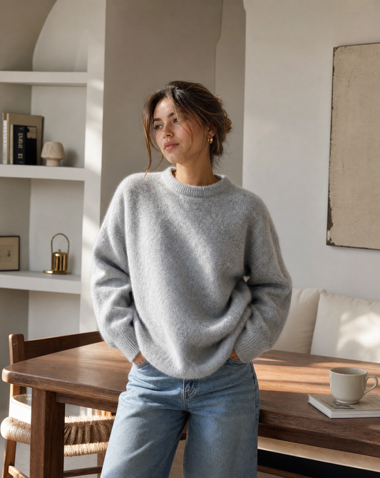 Grey mohair crewneck sweater with ribbed cuffs and hem, long sleeves