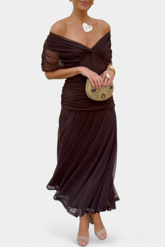 Brown off-shoulder ruched maxi dress with draped knot bodice