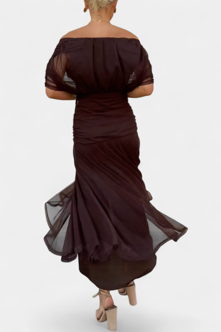 Brown off-shoulder ruched maxi dress, back view with ruched waist