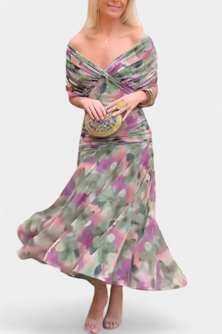 Green and purple off-shoulder ruched maxi dress with draped V neckline
