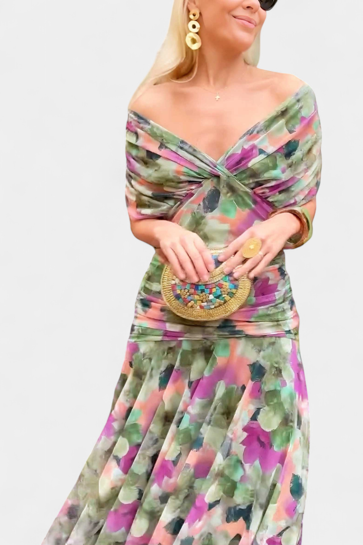 Green and purple off-shoulder ruched maxi dress with floral print and ruched waist