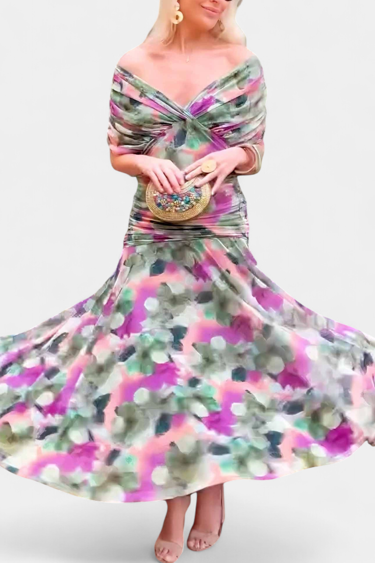 Green and purple off-shoulder ruched maxi dress, flared skirt and side drape