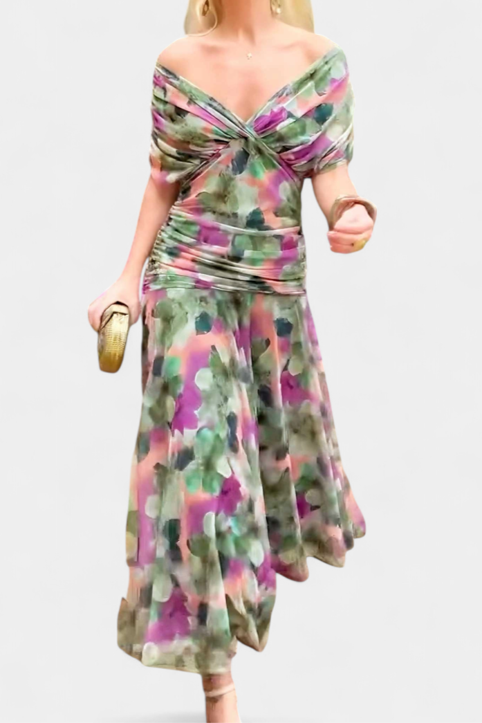 Green and purple off-shoulder ruched maxi dress, front view with V knot bodice