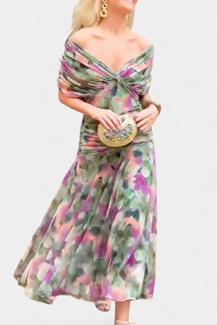 Green and purple off-shoulder ruched maxi dress with gathered skirt and ruched waist