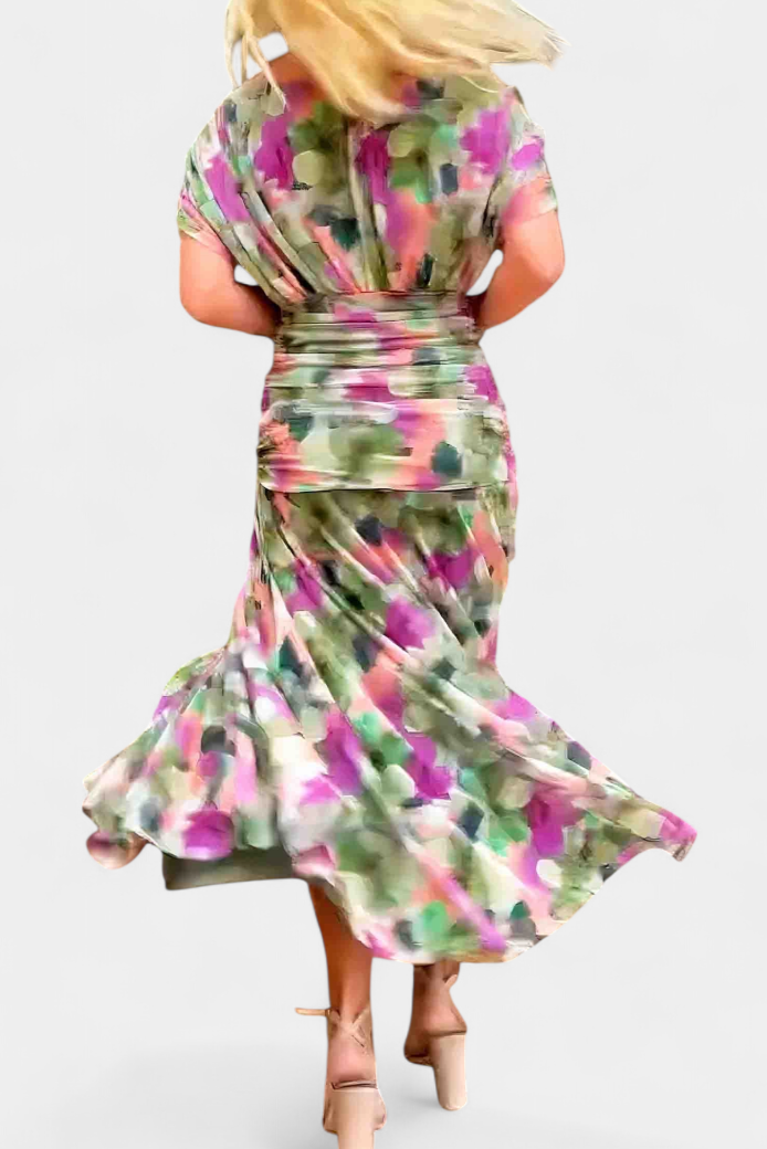 Green and purple off-shoulder ruched maxi dress, back view with gathered shoulders