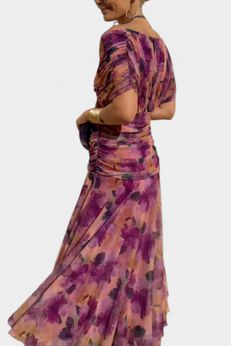 Purple floral ruched off-shoulder maxi dress with twist neckline and pleated skirt