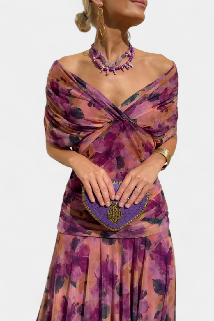 Purple floral ruched off-shoulder maxi dress with knotted bust and beaded waist detail