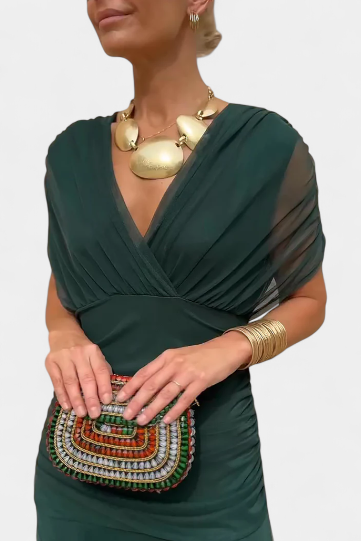 Ruched off-shoulder maxi dress in deep green with draped V neckline and gathered waist