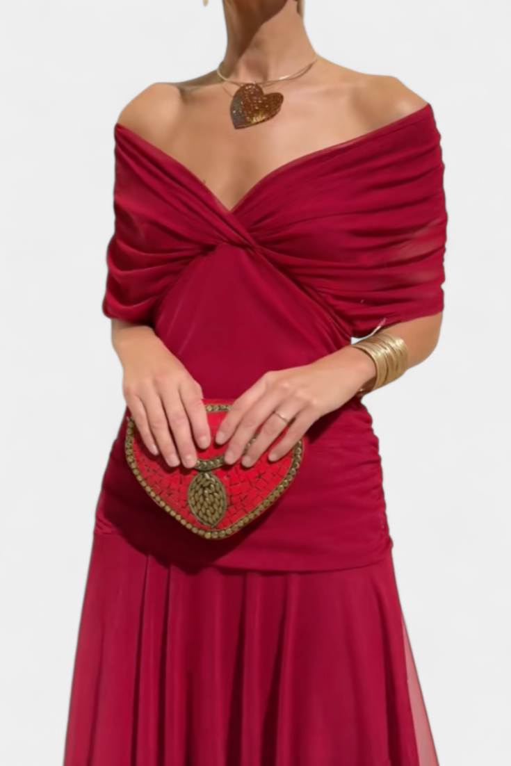Red ruched off-shoulder maxi dress with knotted bust and gathered waist