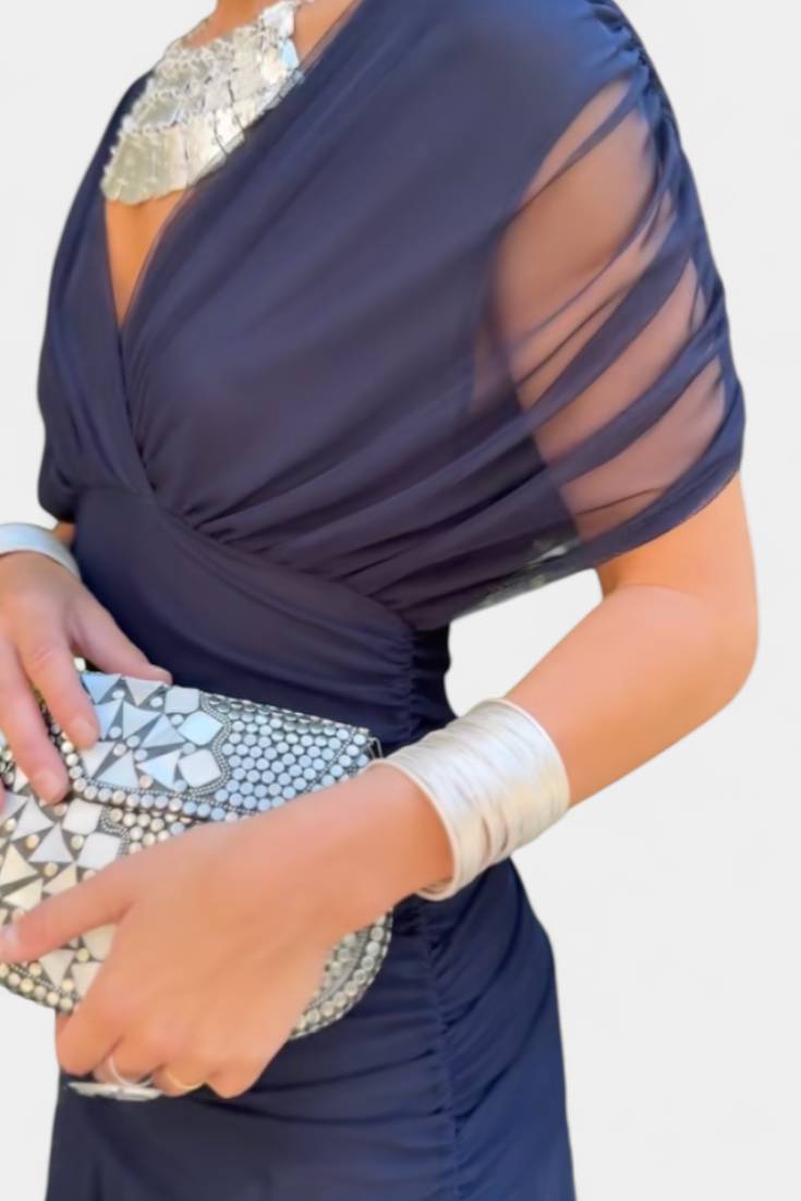 Navy ruched off-shoulder maxi dress with sheer drape sleeves and fitted waist