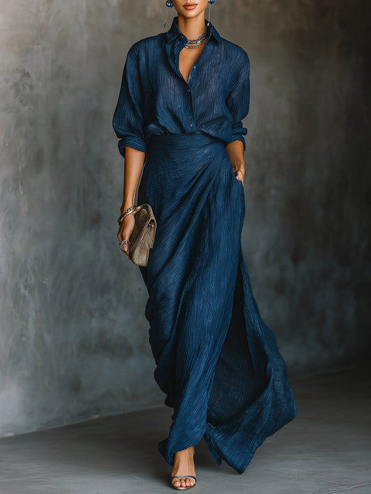 Dark blue shirt and wrap skirt set, button front with roll-up sleeves