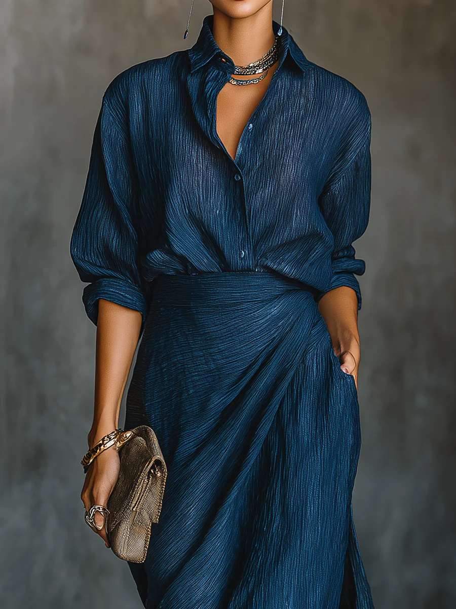 Dark blue shirt and skirt set, open collar placket with ruched waist