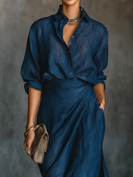 Dark blue shirt and skirt set, open collar placket with ruched waist