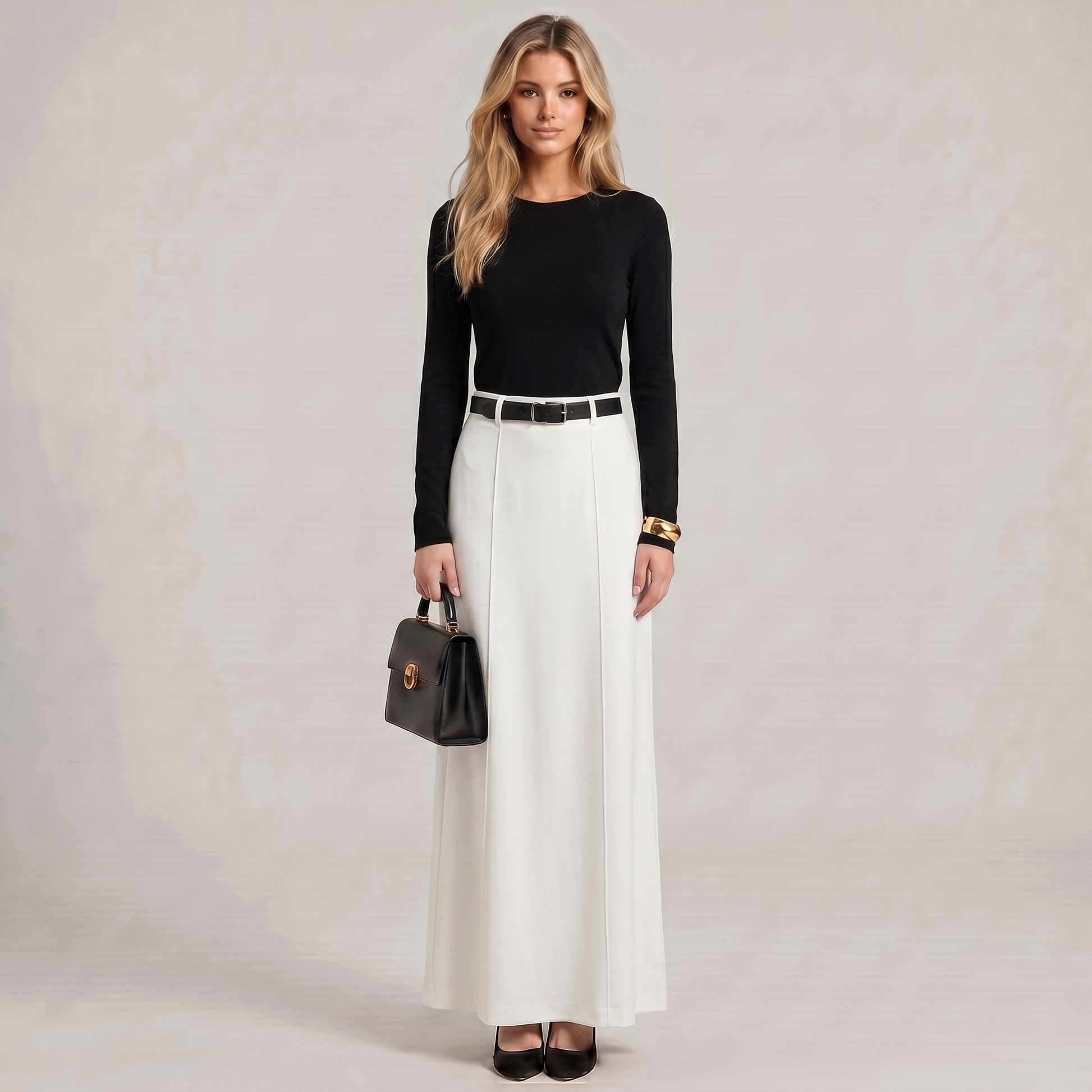 White maxi skirt with flowy drape and belted waist, ankle-length