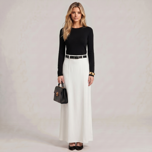 White maxi skirt with flowy drape and belted waist, ankle-length