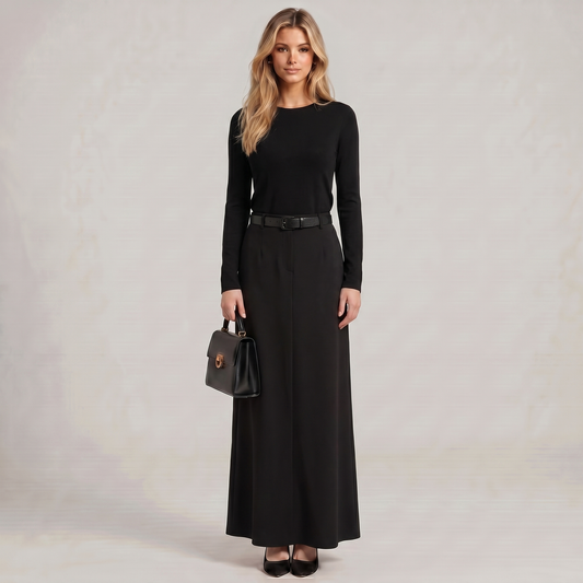 Black maxi skirt with flowy drape and belted waist, ankle-length