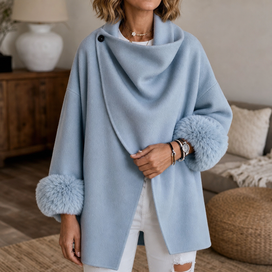 Faux Fur Cuff Asymmetric Wrap Blend Jacket