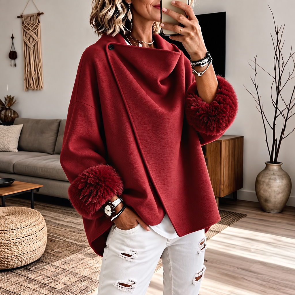 Faux Fur Cuff Asymmetric Wrap Blend Jacket