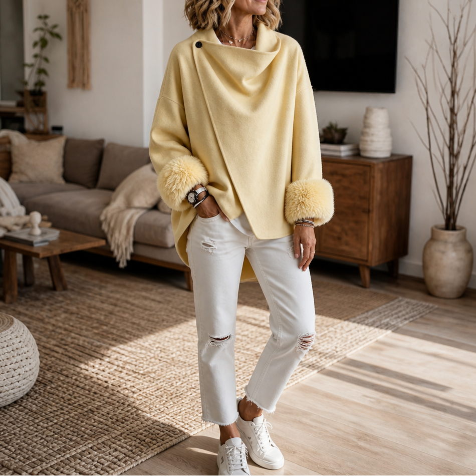 Faux Fur Cuff Asymmetric Wrap Blend Jacket