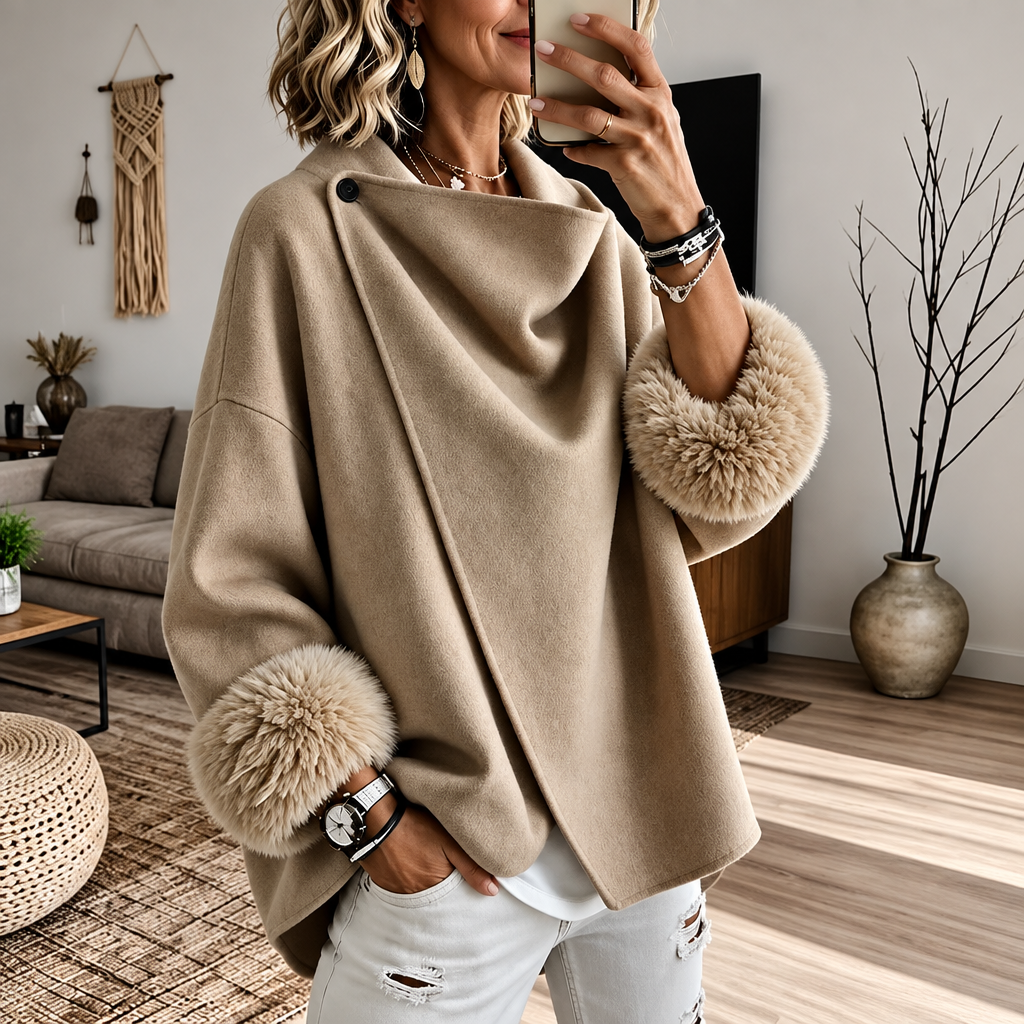 Faux Fur Cuff Asymmetric Wrap Blend Jacket