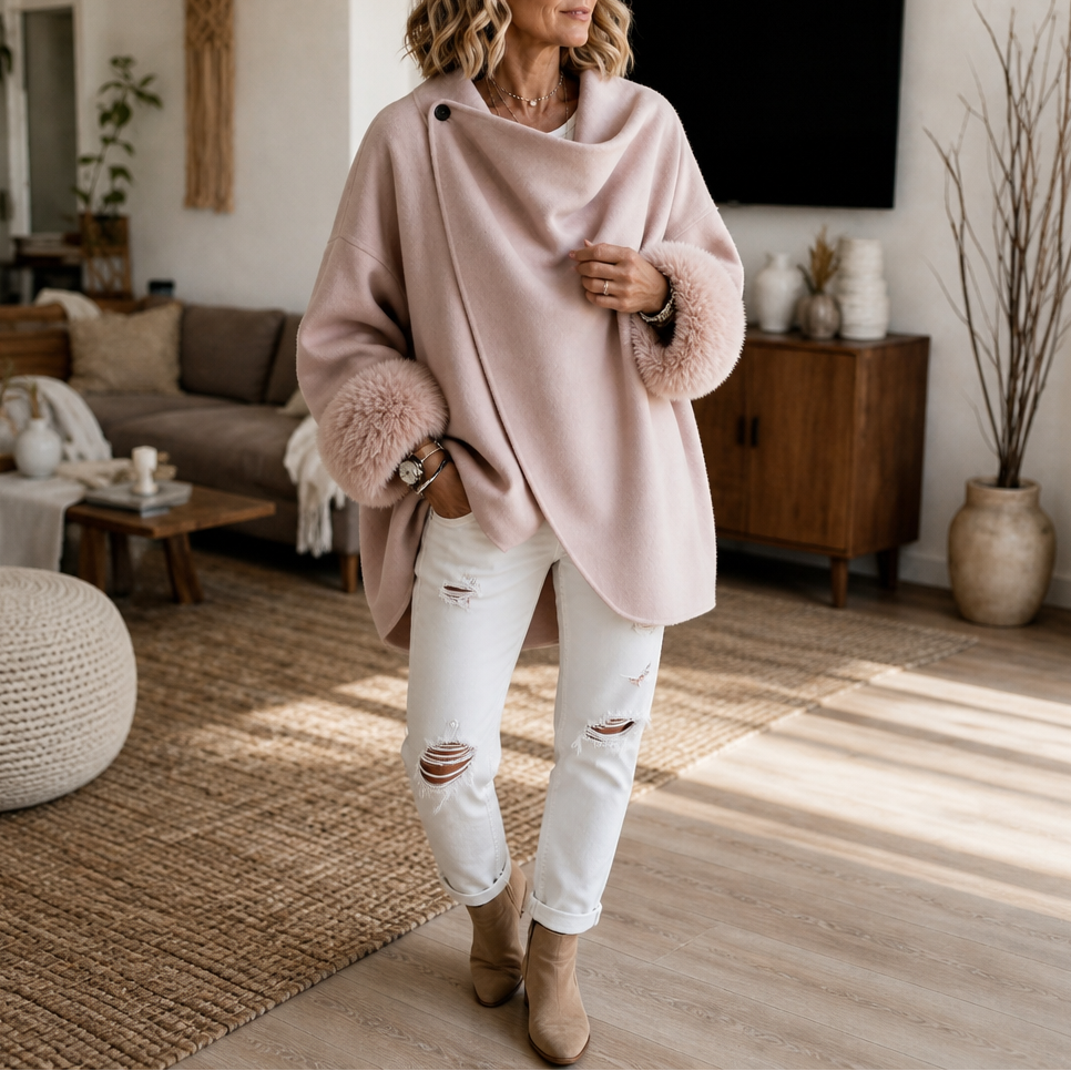 Faux Fur Cuff Asymmetric Wrap Blend Jacket