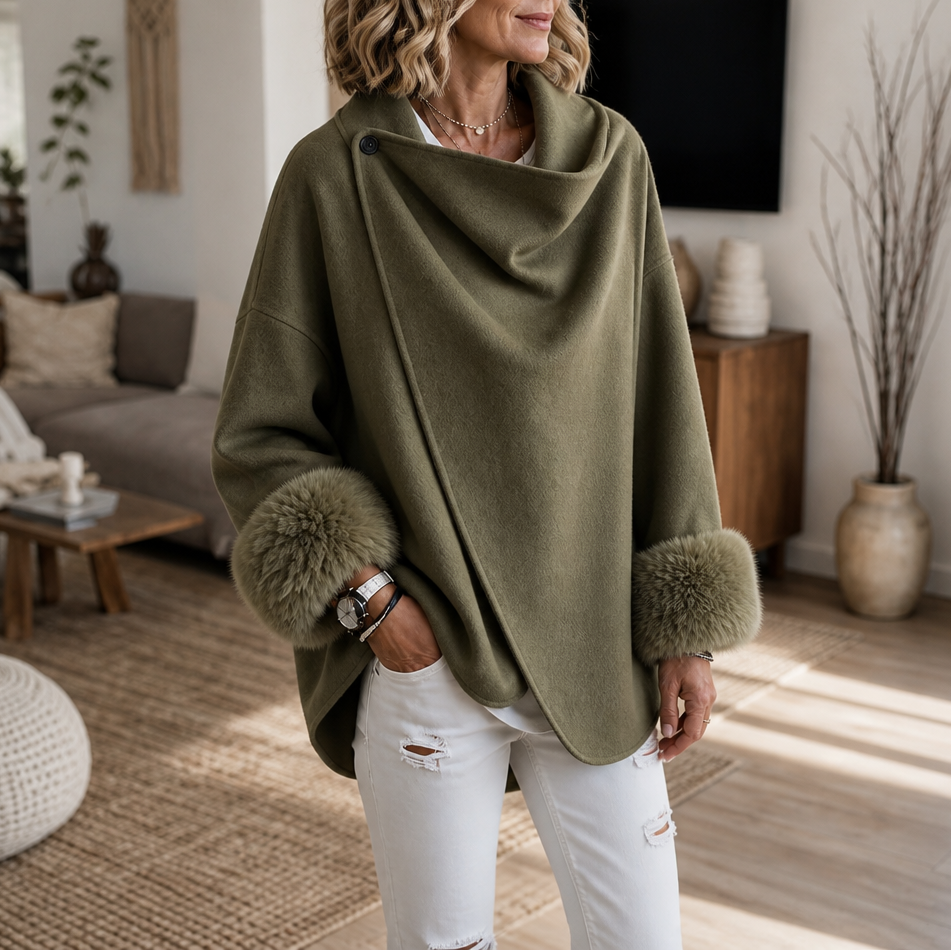 Faux Fur Cuff Asymmetric Wrap Blend Jacket