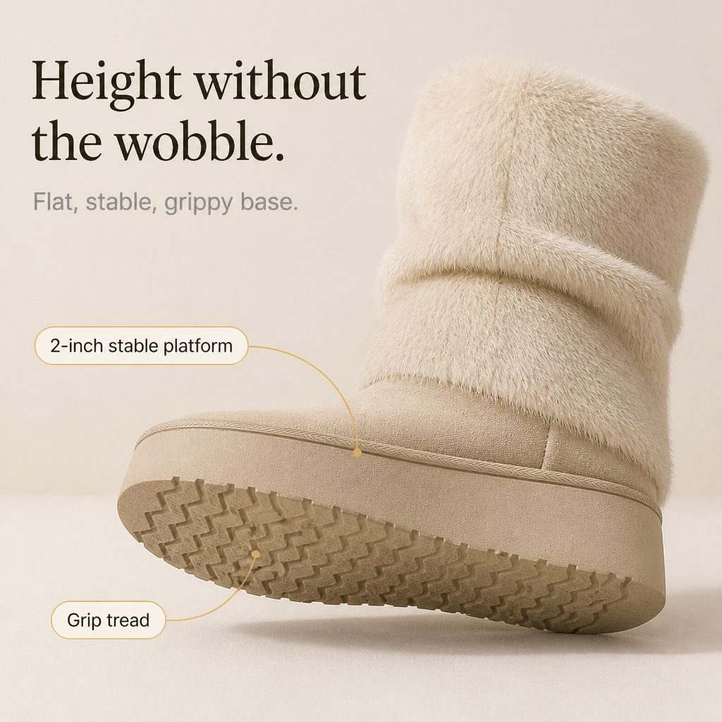 Beige platform sole of mid-calf faux-fur winter boots with textured tread