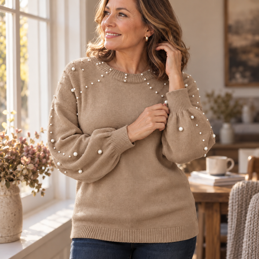 Taupe faux-pearl crew-neck sweater with pearl-studded long sleeves