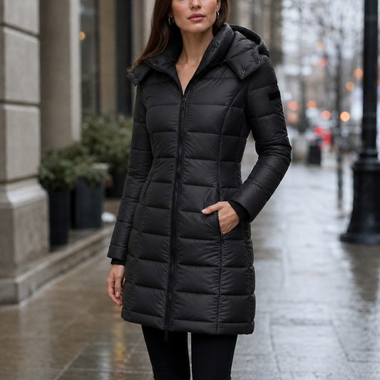 Black mid-length fill down puffer jacket with zip-front and hood
