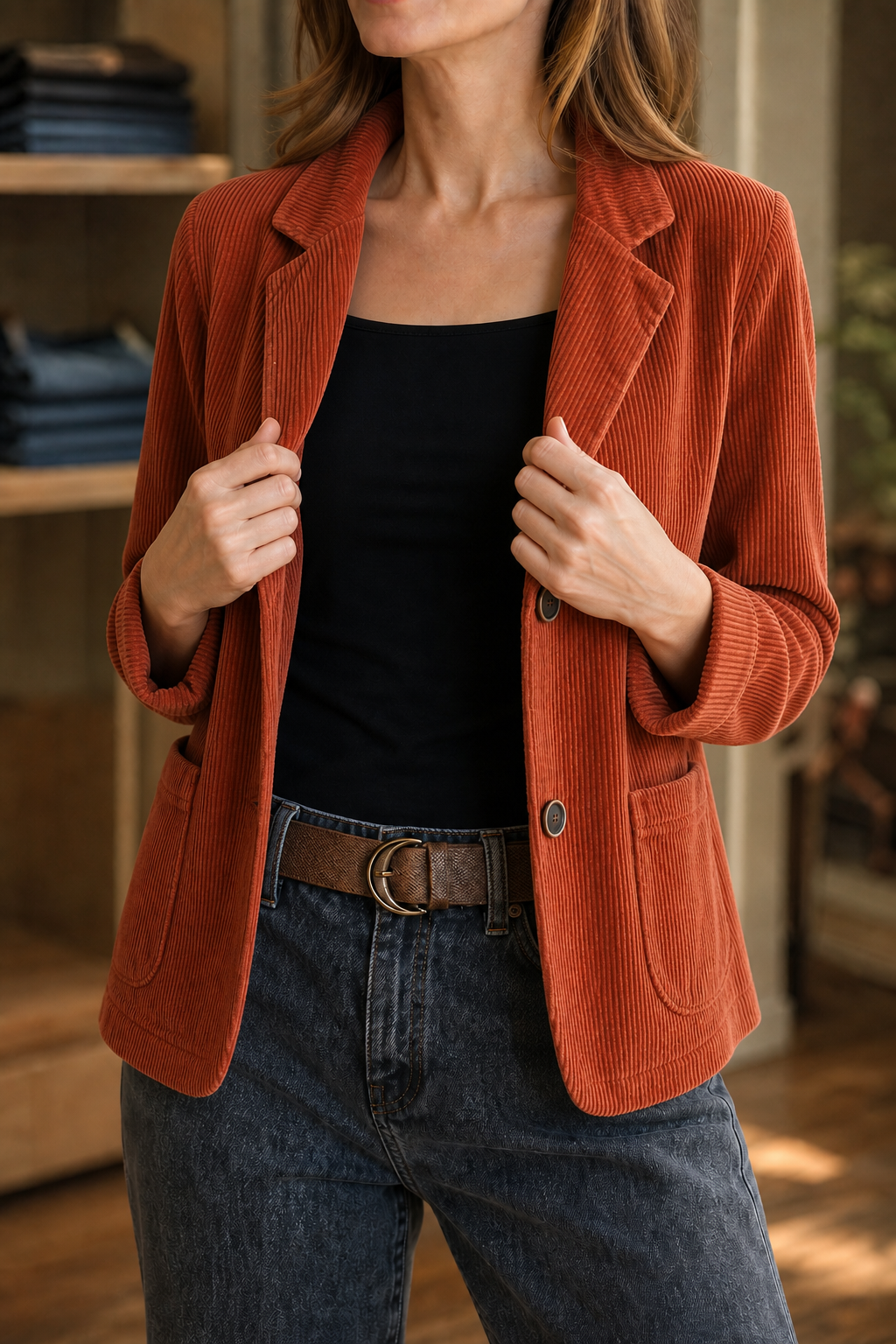 Rust-orange corduroy-look structured-shoulder jacket with notch lapels and button front