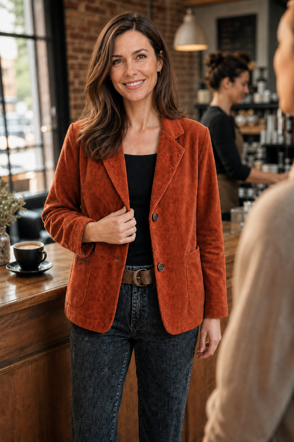 Rust-orange corduroy-look structured-shoulder jacket with button front and chest pockets