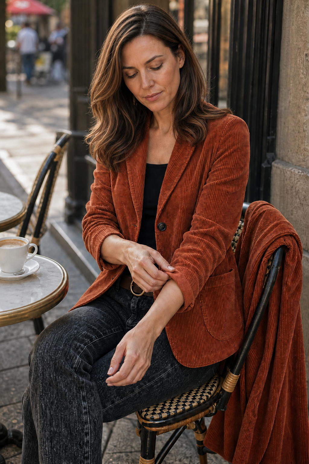 Rust-orange corduroy-look structured-shoulder jacket worn with button front