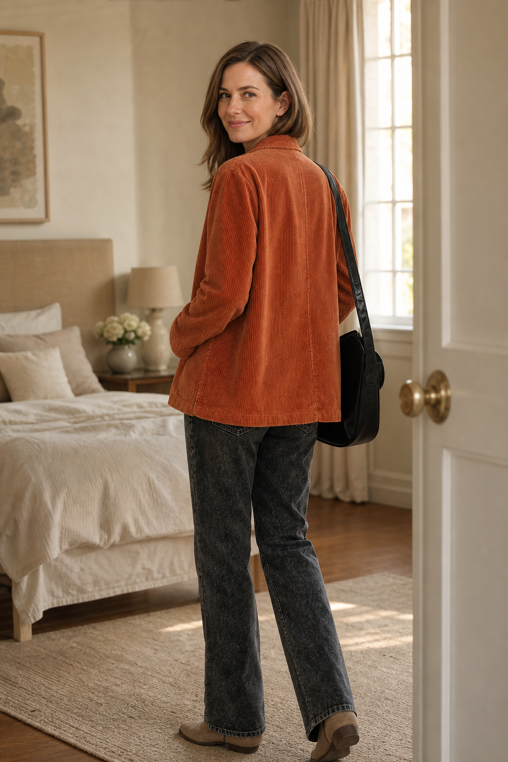 Rust-orange corduroy-look structured-shoulder jacket, side view with button front
