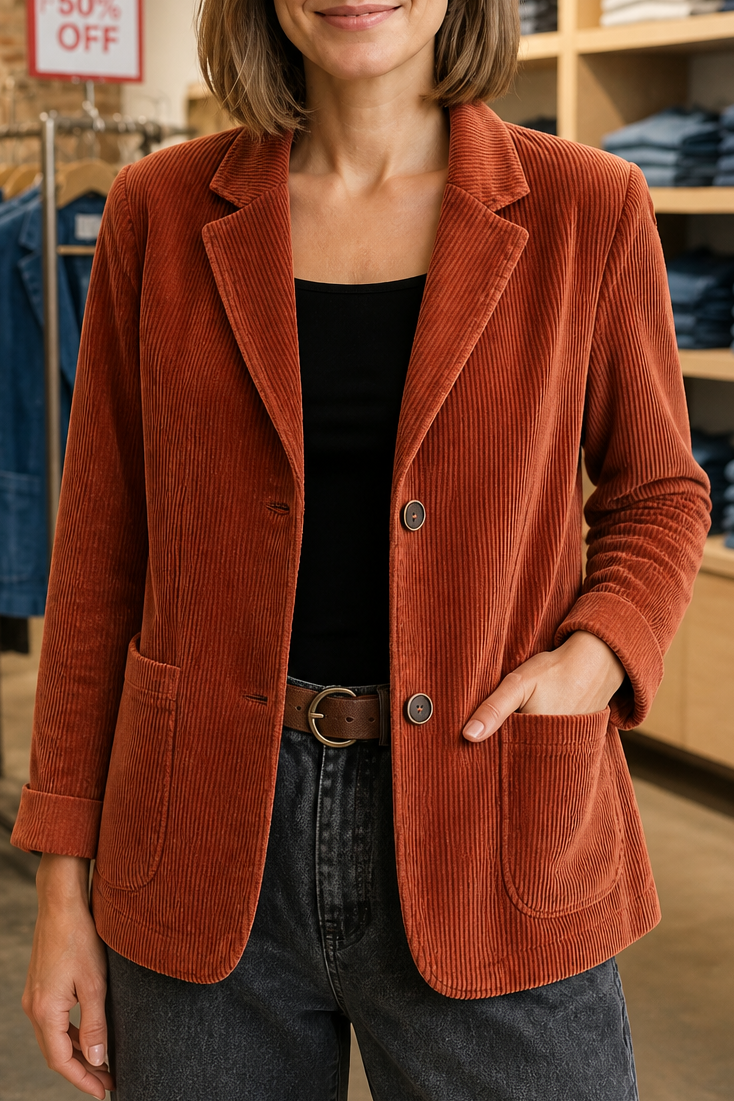 Red-orange corduroy-look structured-shoulder jacket with button front and flap pockets