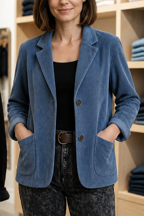 Blue corduroy-look structured-shoulder jacket with button front and flap pockets